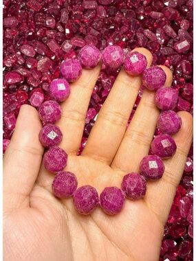 Natural Ruby 12mm Faceted Bracelet Genuine Gemstone Stretch Bracelet